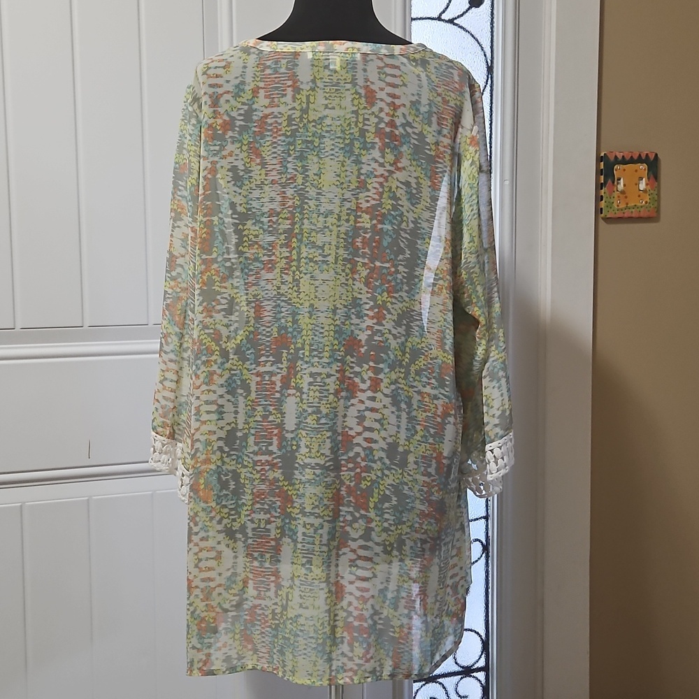 Daniel Rainn Sheer Abstract Print Peasant Boho Tunic Coverup Top 1X - Picture 4 of 14